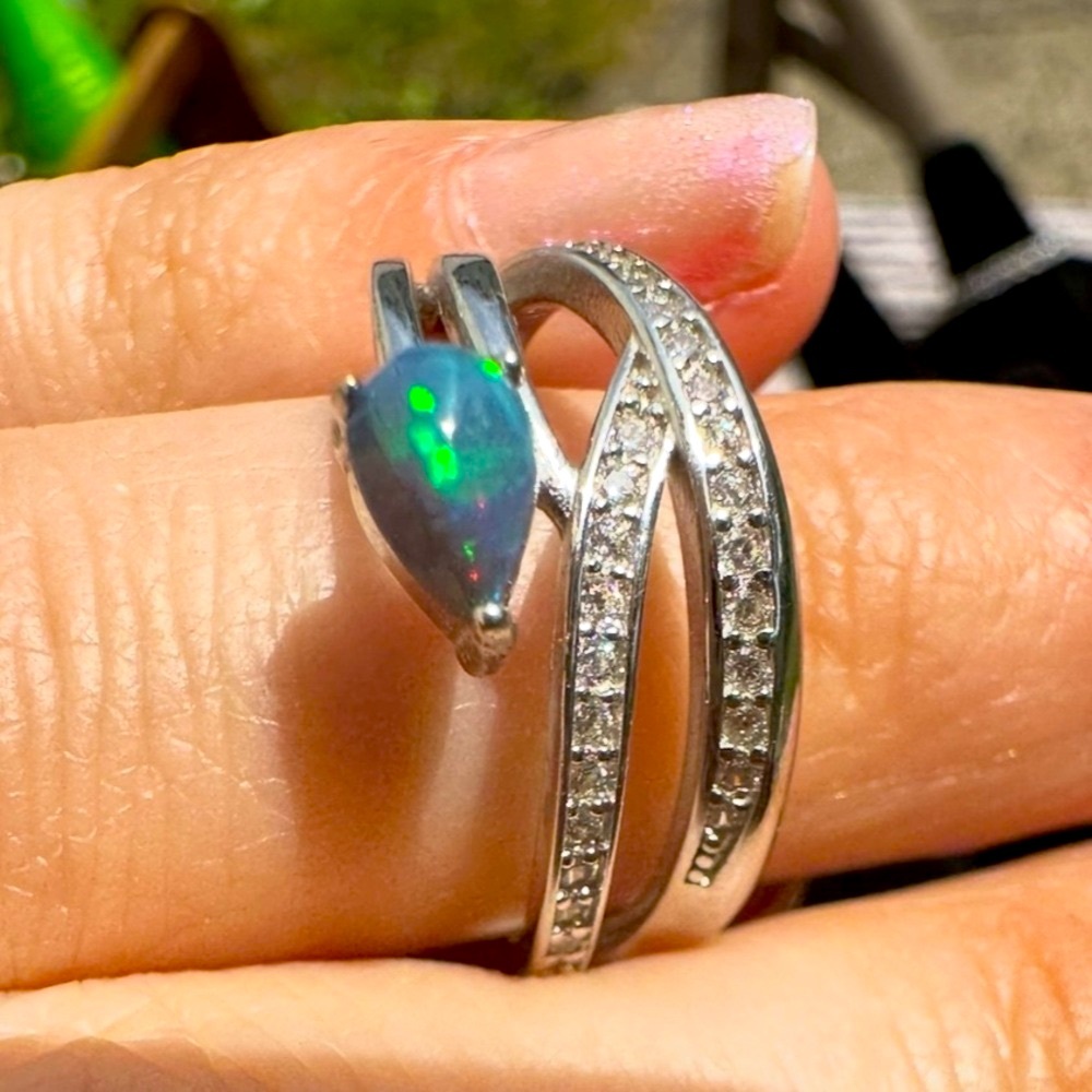 New Natural Blue Black Opal & diamond band ring solid 925 sterling silver